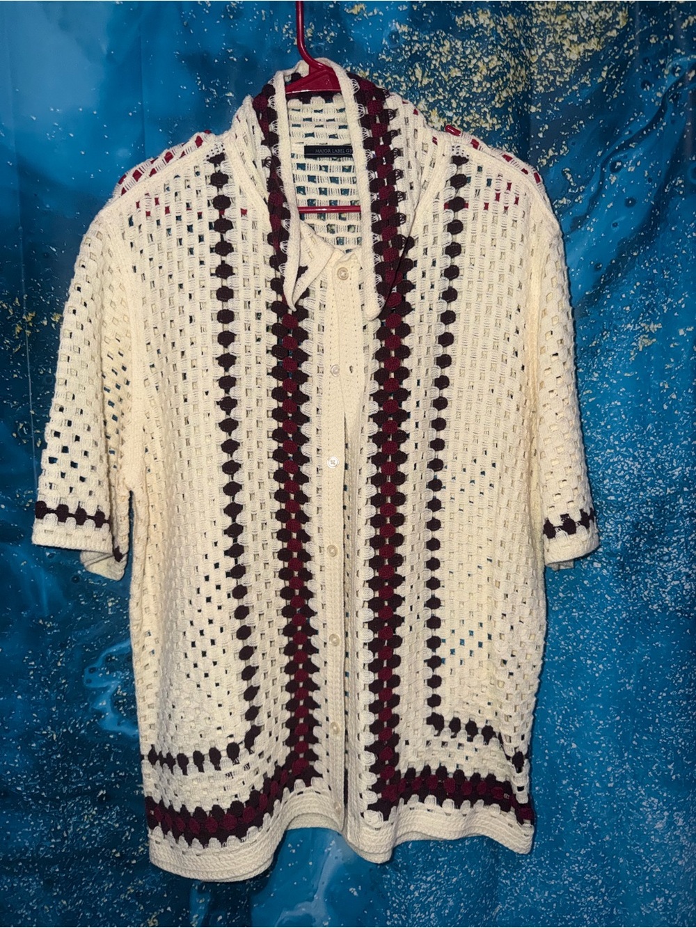 Men's Cream Crochet Button-Up Sweater with Burgundy Trim